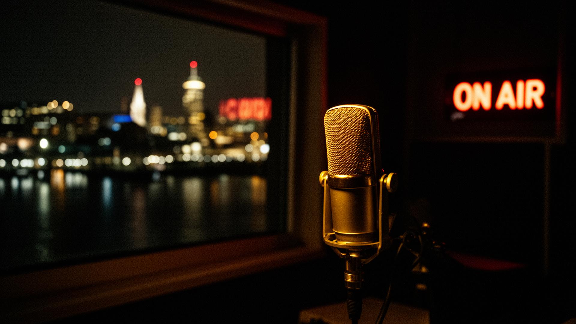 Kingpin Studios broadcast booth at night with Portsmouth skyline